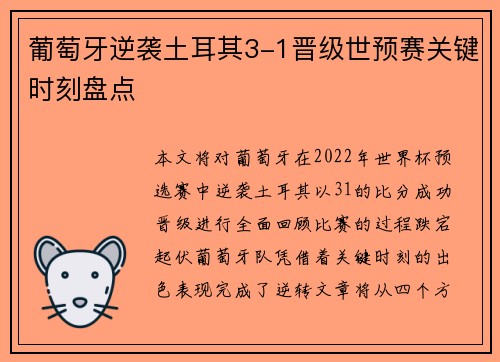 葡萄牙逆袭土耳其3-1晋级世预赛关键时刻盘点