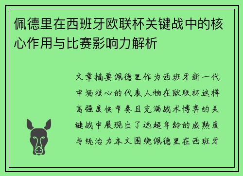 佩德里在西班牙欧联杯关键战中的核心作用与比赛影响力解析