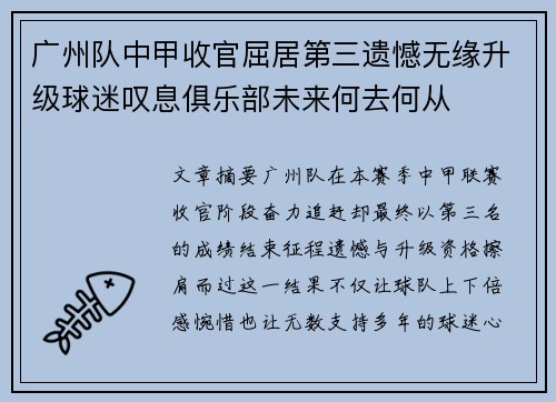 广州队中甲收官屈居第三遗憾无缘升级球迷叹息俱乐部未来何去何从